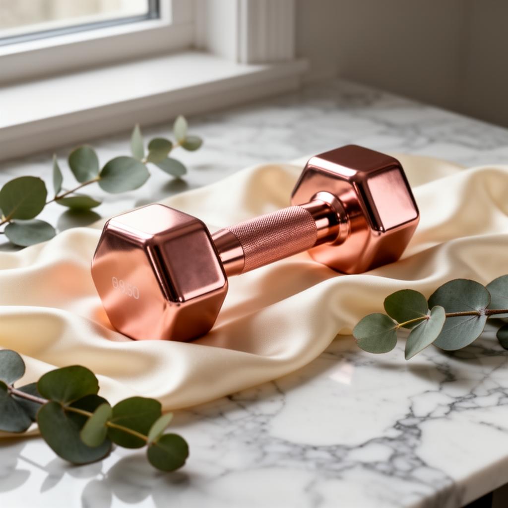 Rose gold dumbbell on silk and marble